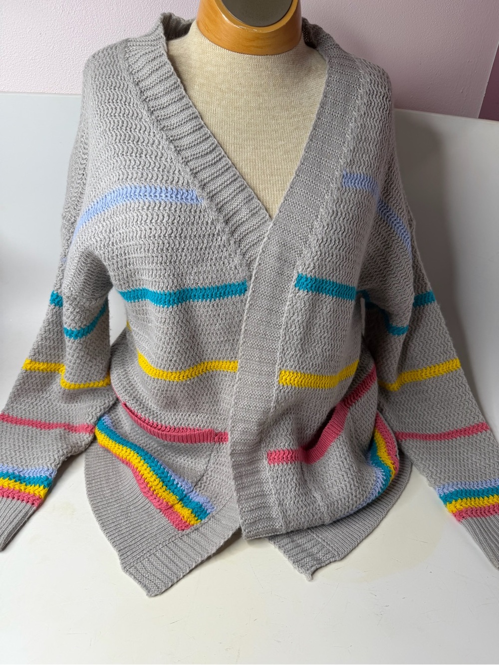 Whimsical Stripe Knit Cardigan Two Pocket Sweater